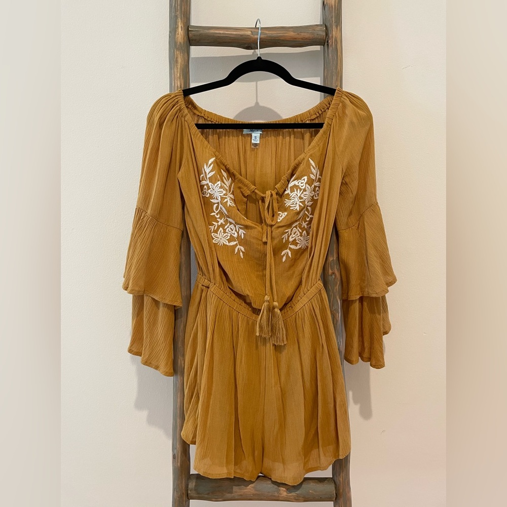 She+Sky Mustard Double Ruffle Bell Sleeve Romper, size S